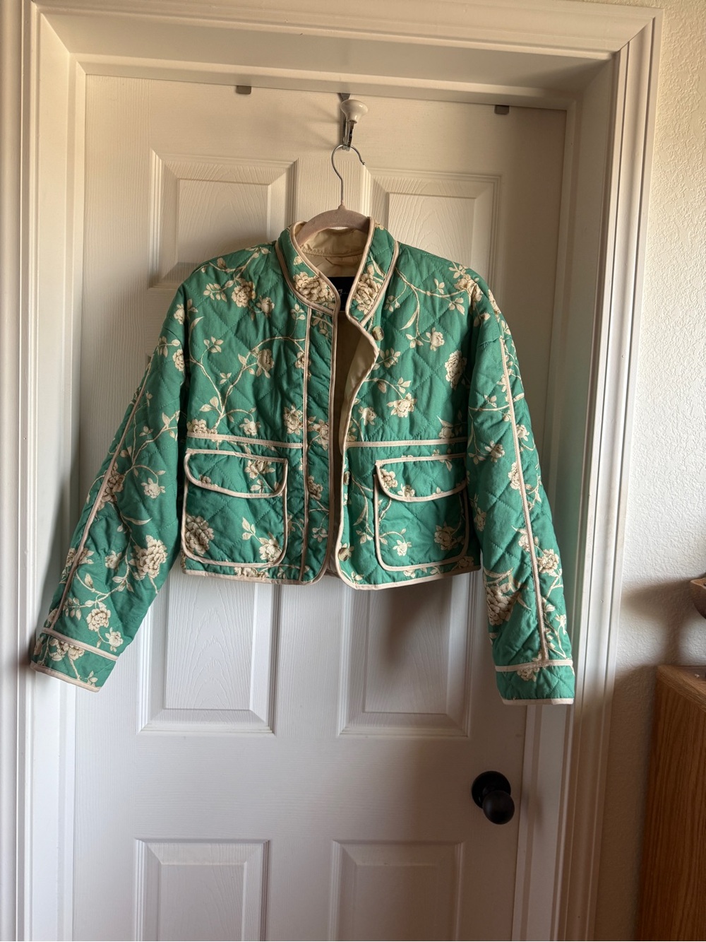 Quilted Floral Crop Jacket in Teal Green